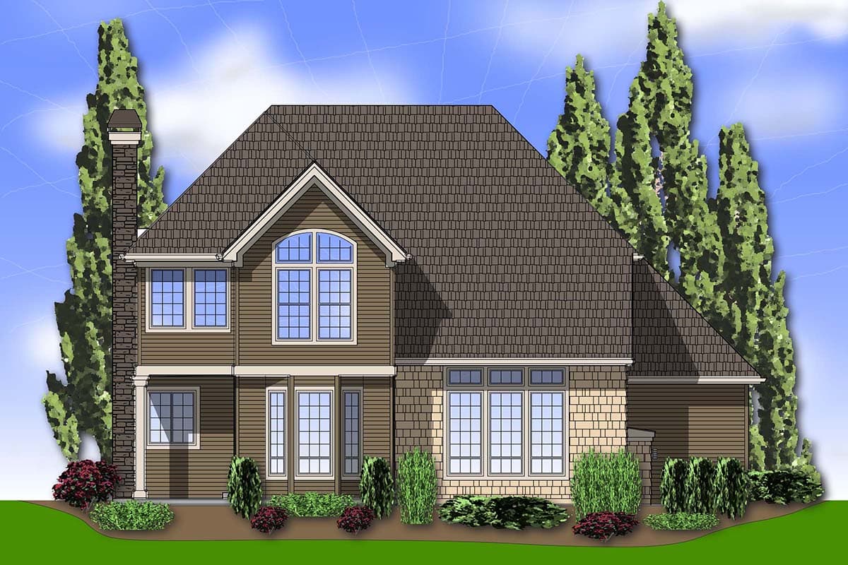 House plan exterior: Two-story home with stone chimney, arched window on second floor, and multiple gabled dormers.