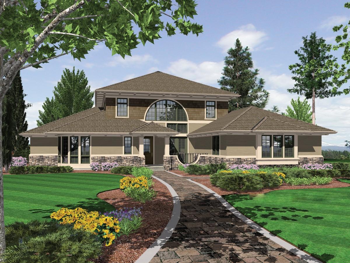 House plan exterior featuring a two-story main section with a prominent arched window, side wings, and a stone foundation.