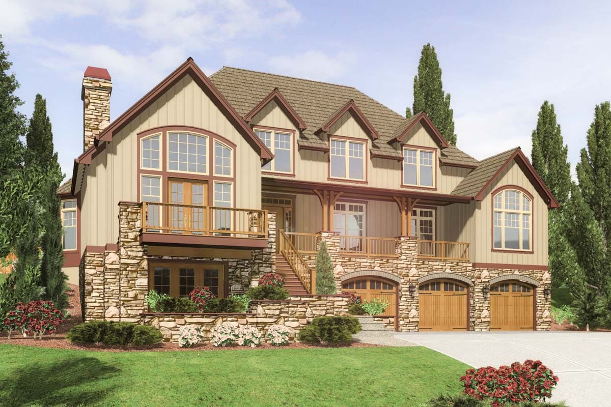 House plan exterior: Two-story home with stone accents, a prominent gable, a wraparound porch, and a three-car garage.