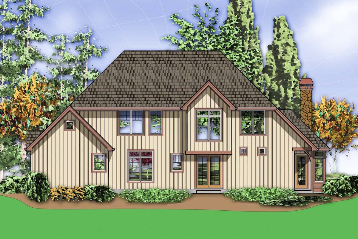 House plan exterior rendering of a two-story home with a gable roof, vertical siding, multiple windows, and a prominent stone chimney.
