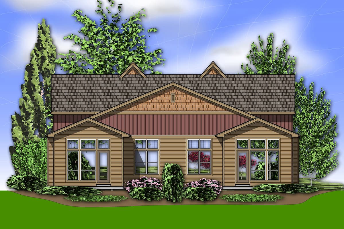 House plan exterior showing a single-story house with a gable roof, paired dormers, and large windows.