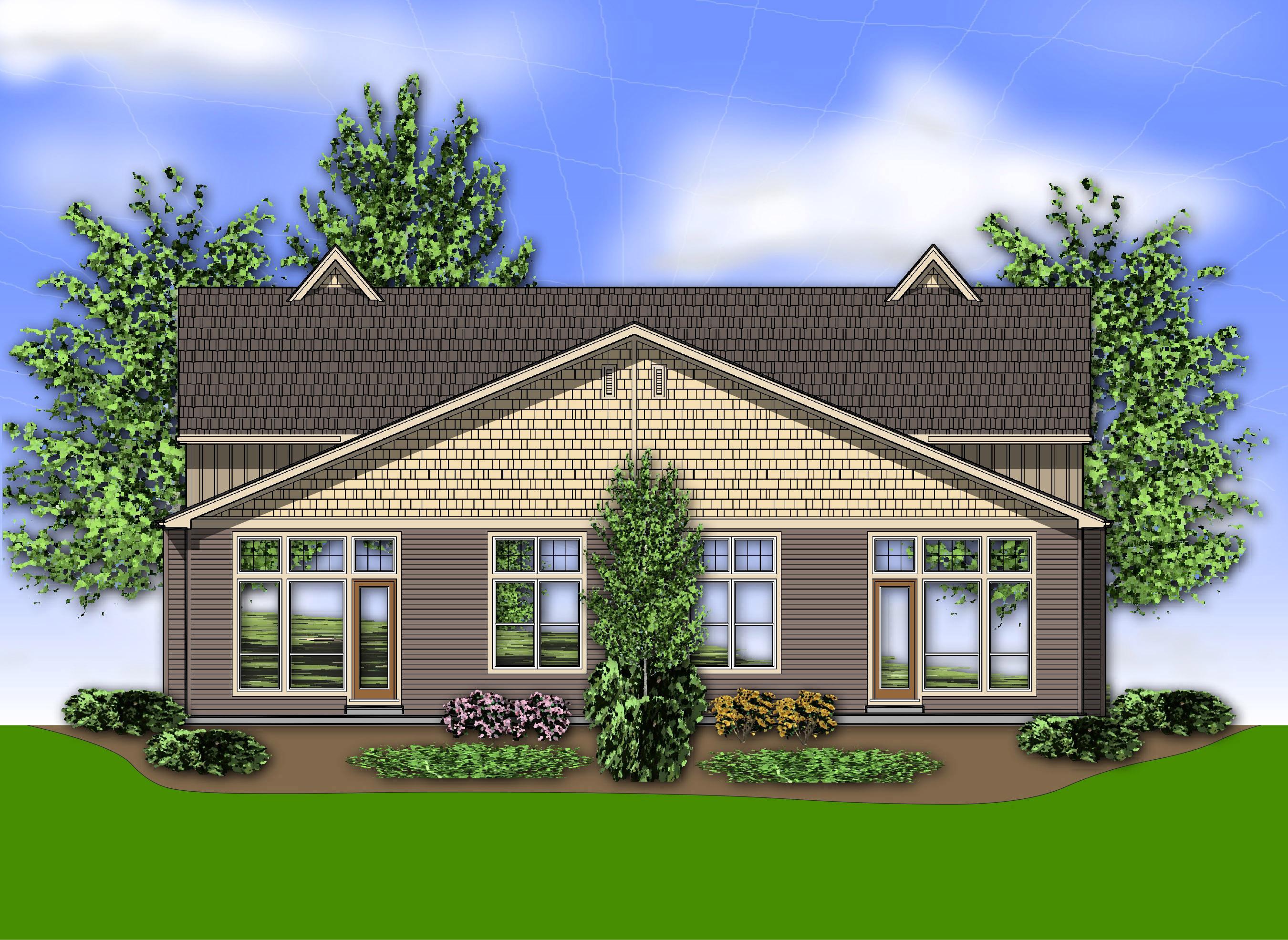 House plan exterior: One-story symmetrical design with twin gables, horizontal siding, and centered shingle-clad gable.