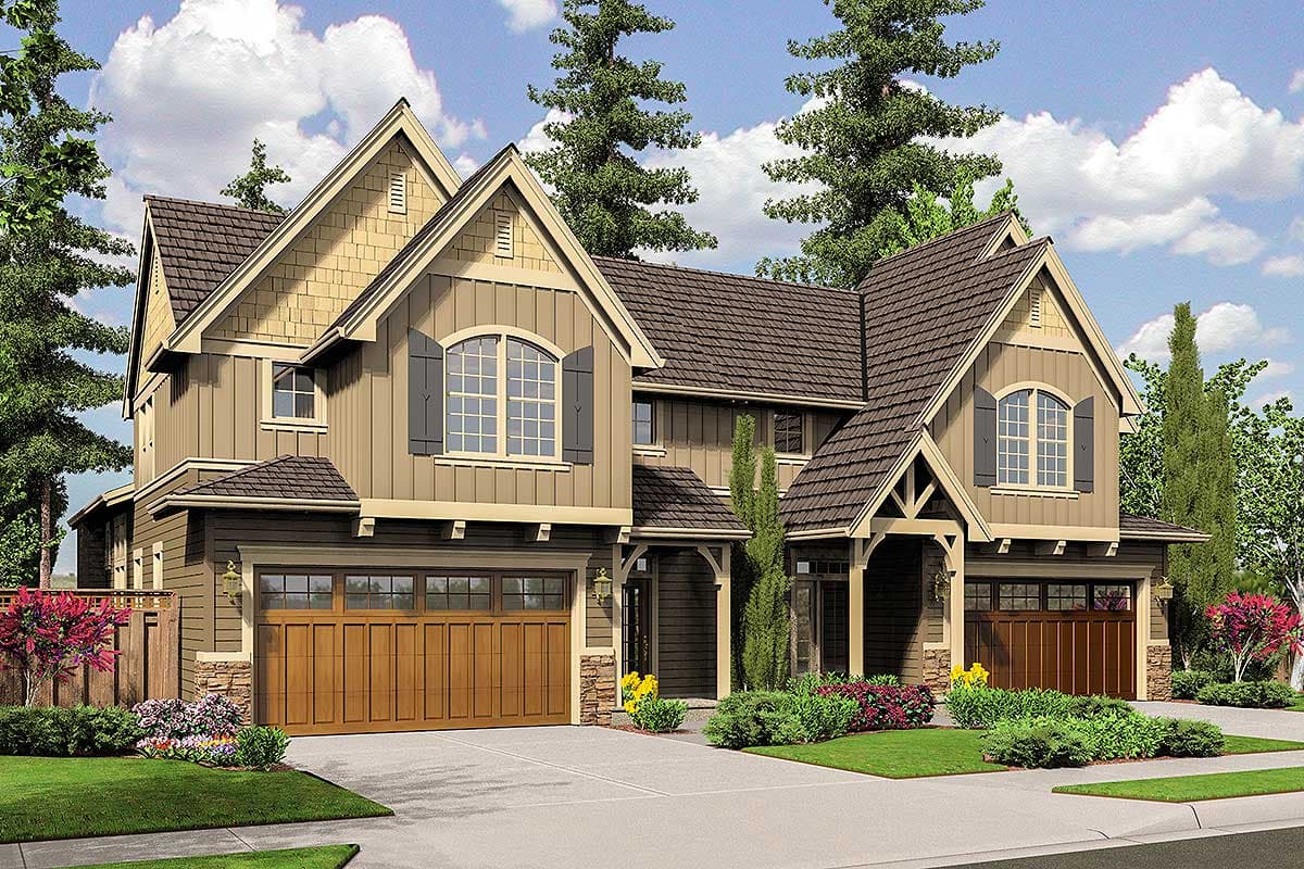 Craftsman style house plan exterior with two stories, multiple gables, arched windows, and a side-facing garage.