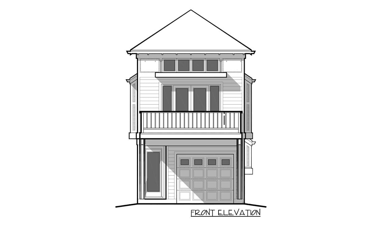 Front elevation of a three-story house plan with a covered balcony, multi-pane windows, and a two-car garage.