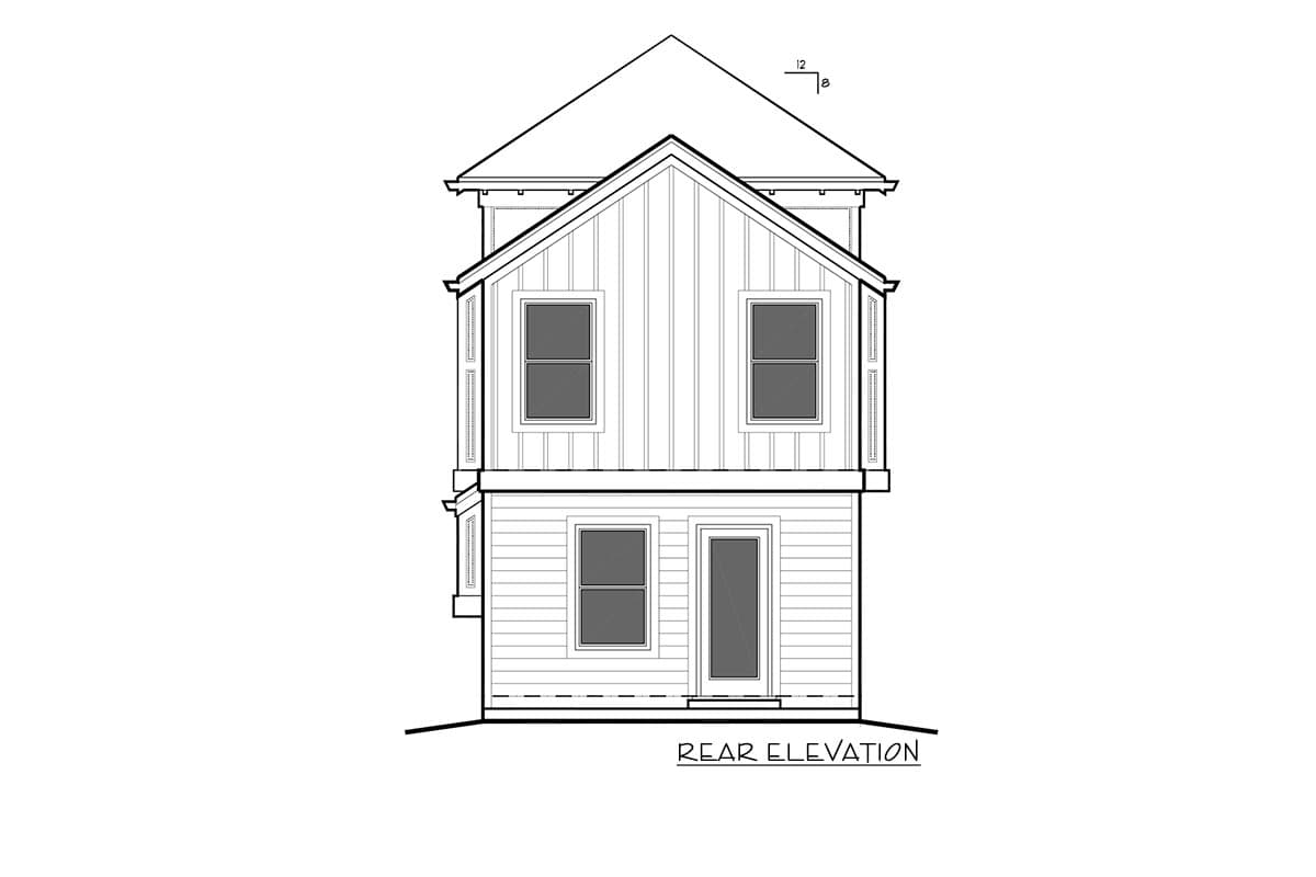 Rear elevation house plan with two stories, a prominent gable, two upper windows, and a lower-level door and window.