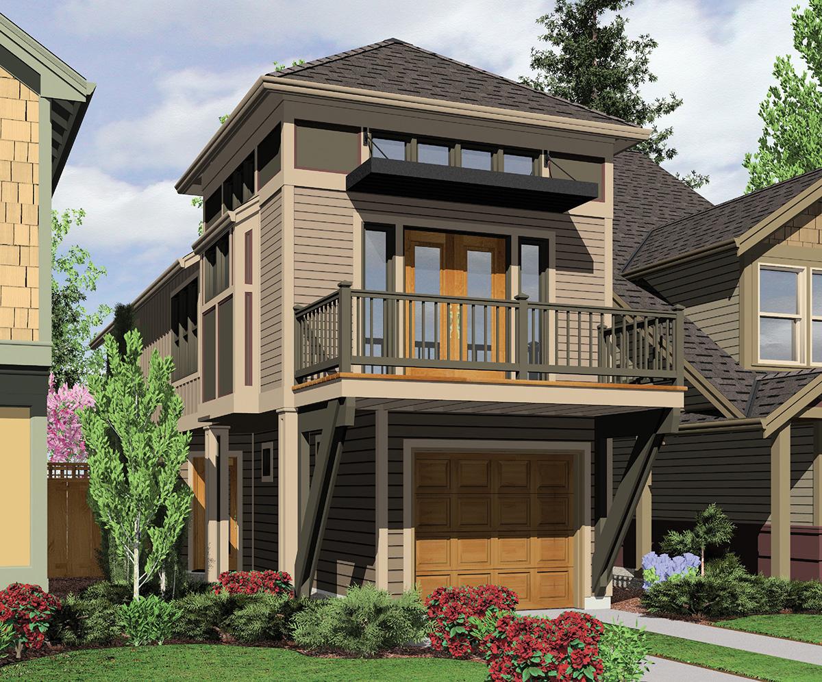 House plan exterior: Modern style, two stories, features balcony, upper-level windows, and detached garage.