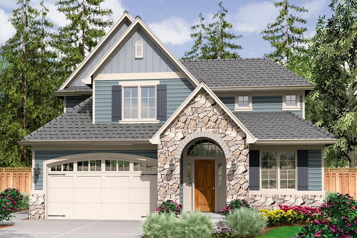 House plan exterior: Two-story home with gabled roof, stone-clad arched entry, wide garage door, and siding.