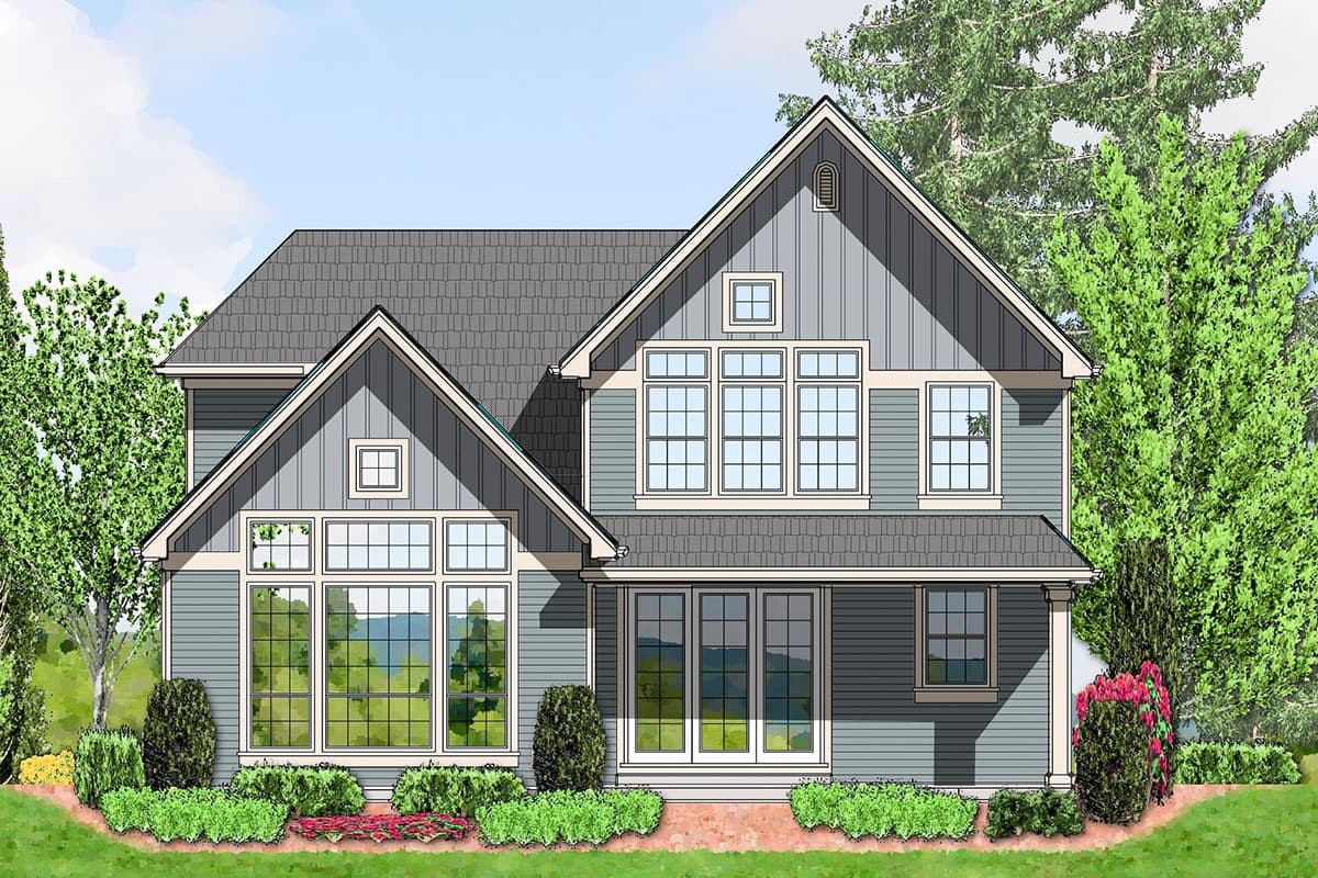 House plan exterior: Two-story home with prominent gables, multiple dormers, and a variety of window arrangements.