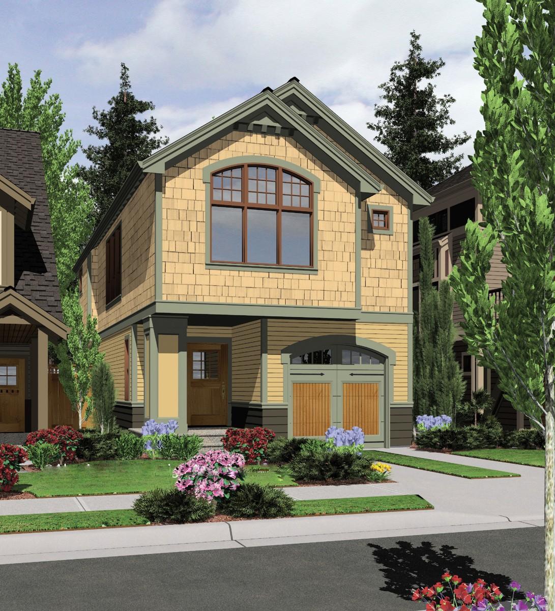 House plan exterior: two-story home with wood shingle siding, arched window, covered entry, and side-entry garage with arched doors.