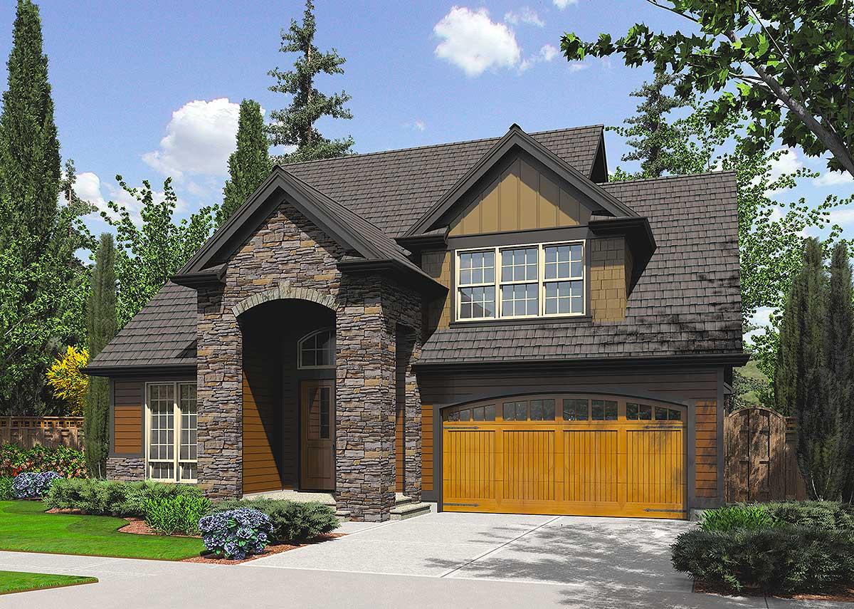 House plan exterior with stone archway, gabled roof, and wood garage door. Features a dormer and two stories.