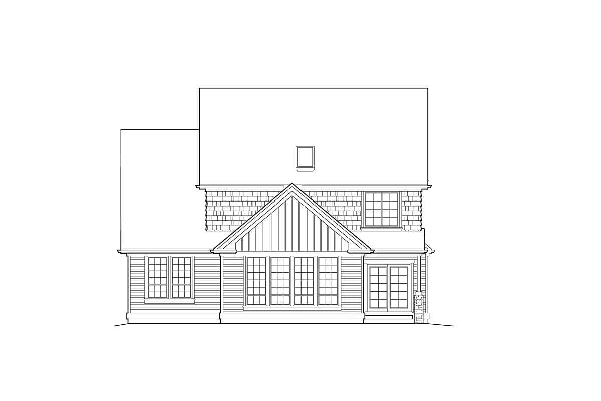 House plan exterior. Two-story home with a prominent gable, multiple window sets, and a prominent dormer.