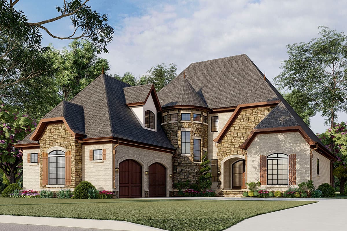 House plan exterior. Two-story with stone and brick facade. Features include a turret, gables, and arched garage doors with a covered entryway.