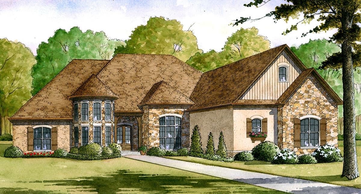 House plan exterior with stone facade, multiple gables, arched windows, and a rounded bay window.