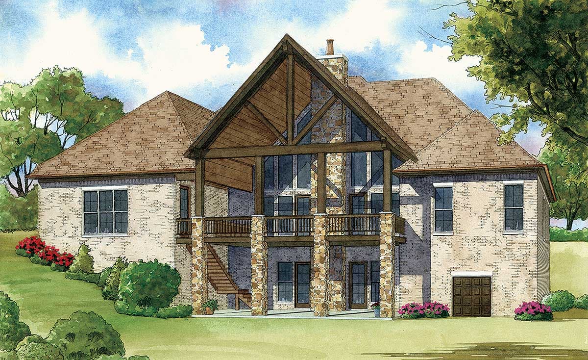 House plan exterior with two stories, brick facade, prominent gable with exposed beams, large windows, and a covered balcony.