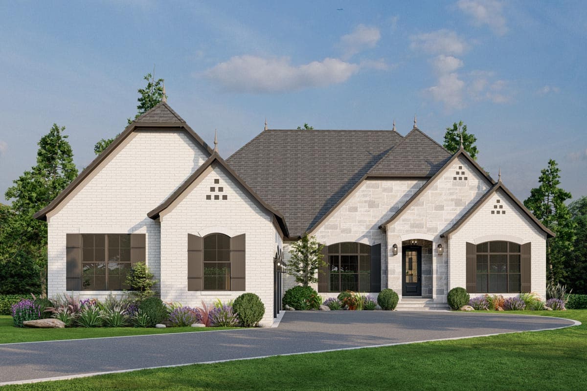 House plan exterior: One-story, Modern Farmhouse style with white brick, stone accents, arched windows, and multi-gabled roof.