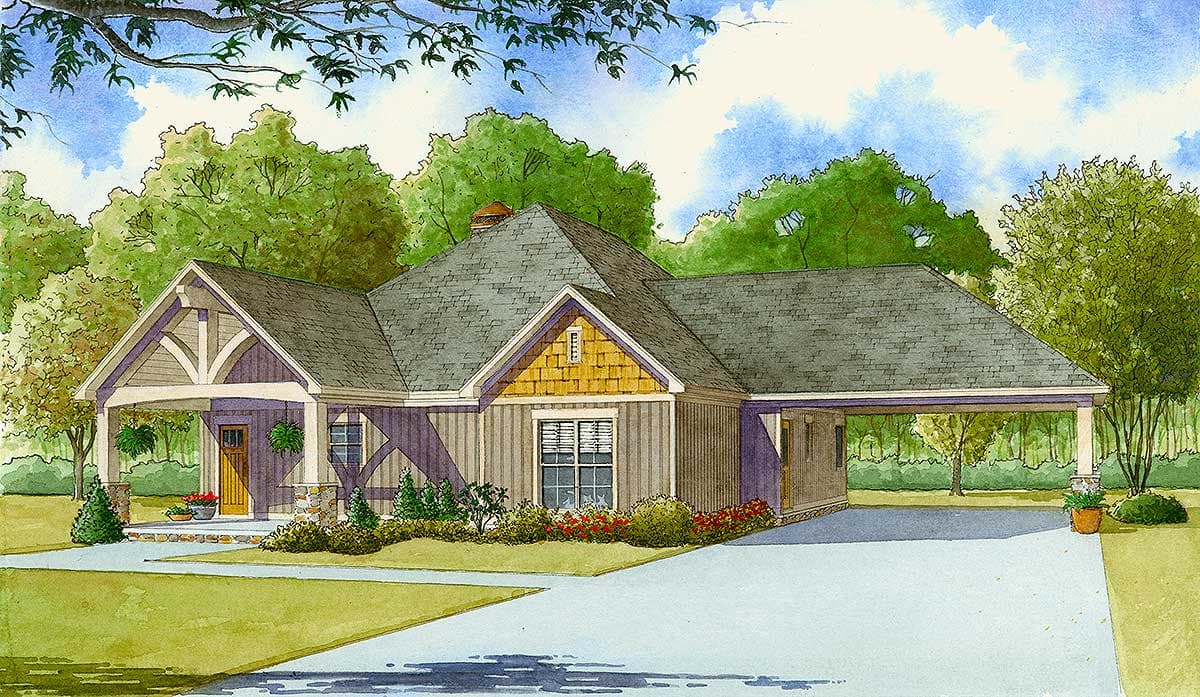House plan exterior: one-story Craftsman style with covered front porch, exposed rafter tails, gable, and porte-cochère.