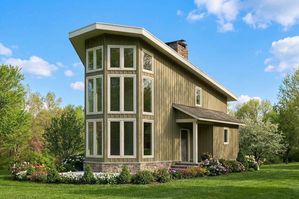 Modern two-story house with unique slanted roof. Large windows run along one side. Landscaped garden with flowers surrounds the green lawn.