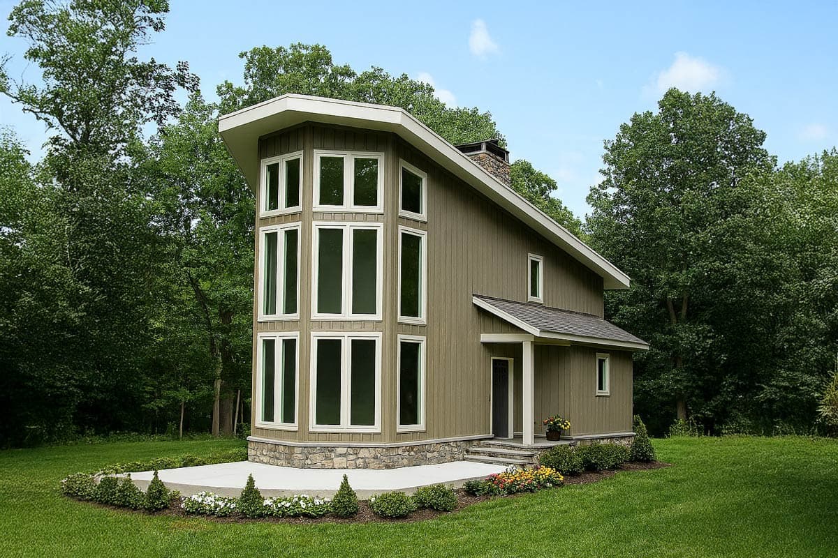 House plan exterior of a two-story modern home with a prominent bay of vertical windows and a sloping roof.