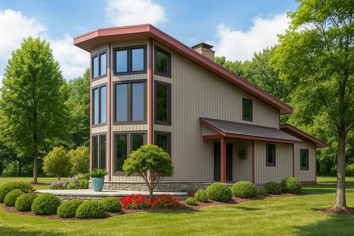 House plan exterior with two stories. Features a geometric window arrangement, a covered porch, and a sloped roofline.  Situated in a landscaped yard.
