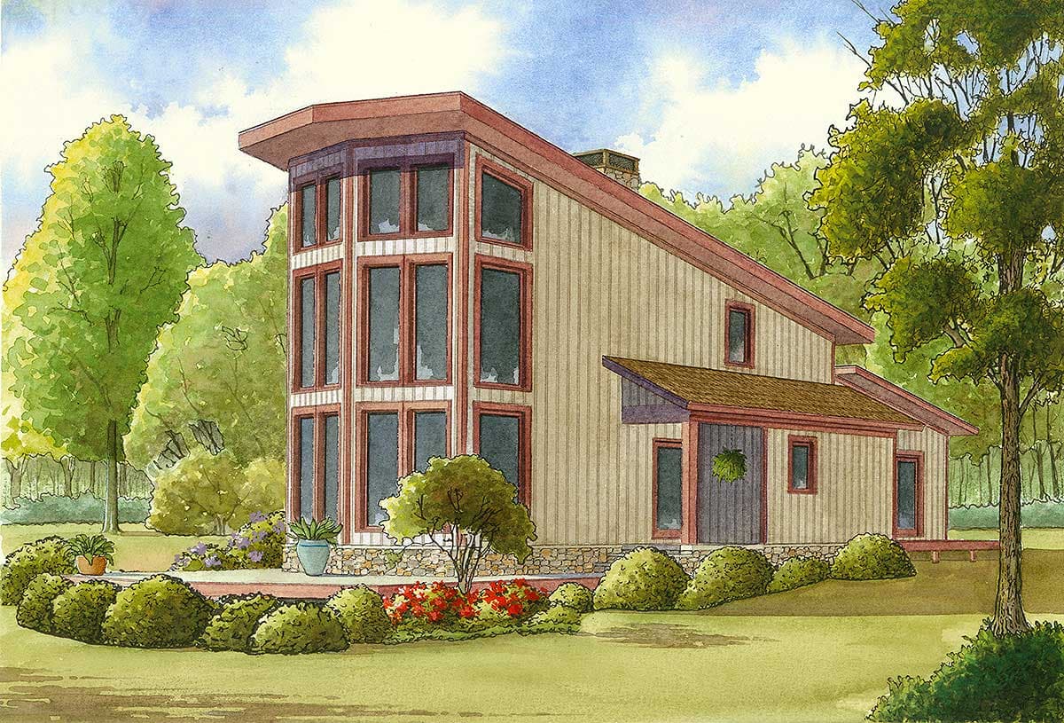 House plan exterior showcasing a two-story contemporary design with a prominent multi-story window facade, angled rooflines, and a covered entryway.