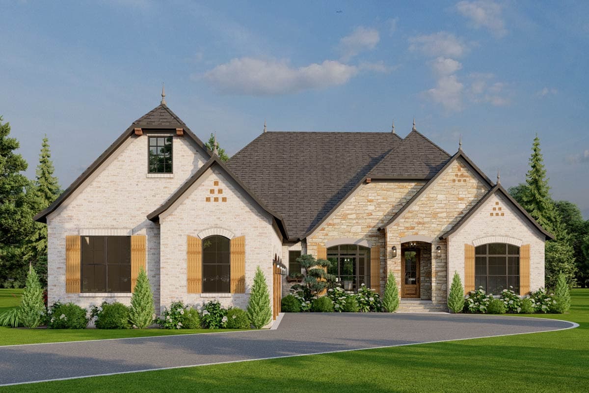 House plan exterior: French Country style, one story, with prominent gables, stone accents, arched windows, and covered entry.
