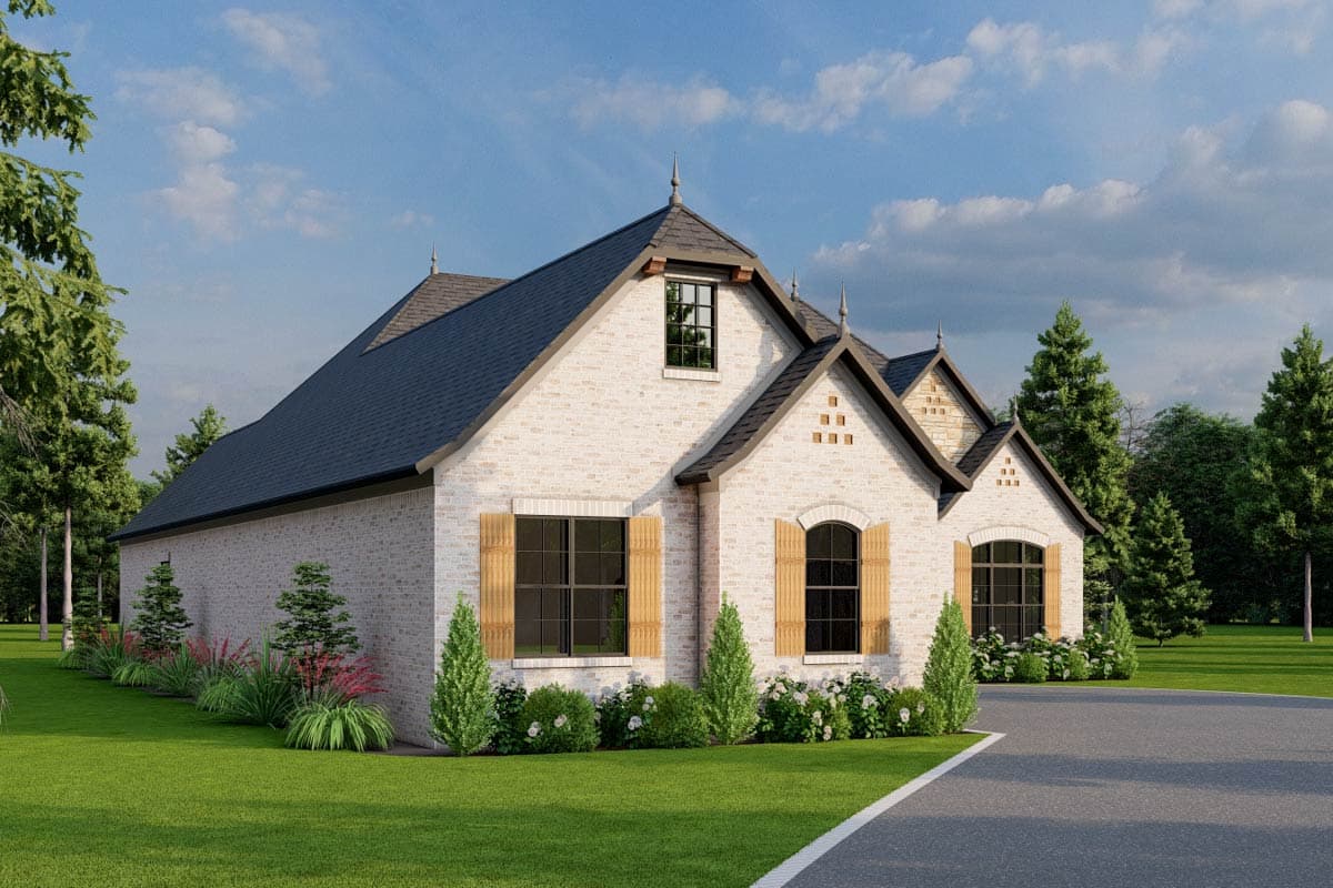 House plan exterior: Two-story, white brick home with dark gabled rooflines, decorative dormers, and arched windows with wooden shutters.