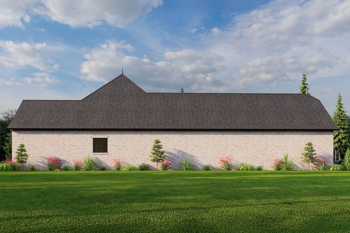 House plan exterior: single-story brick home with a prominent gable roofline and a central chimney.