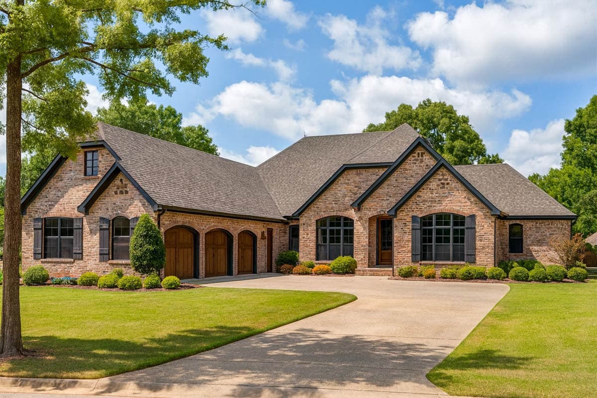 House plan exterior. One-story brick home with gabled roof, arched garage, and dark window shutters. Features a long driveway and mature landscaping.