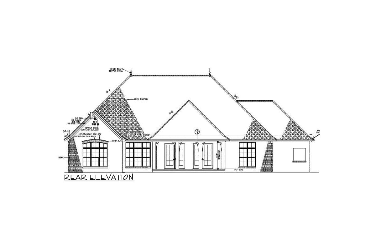 Rear elevation drawing showing a house plan with arched roof lines, brick accents, multi-pane windows, and double doors.
