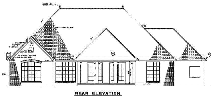 Rear elevation house plan showing arched brick windows, multiple doors, gables with copper vents, and a varied roofline.