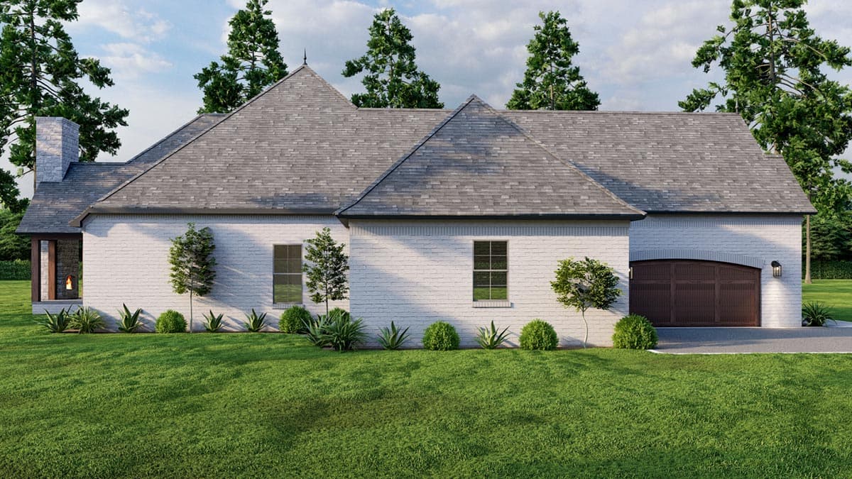 House plan exterior: One-story Modern Farmhouse with white brick, gabled roof, stone chimney, and attached arched garage.