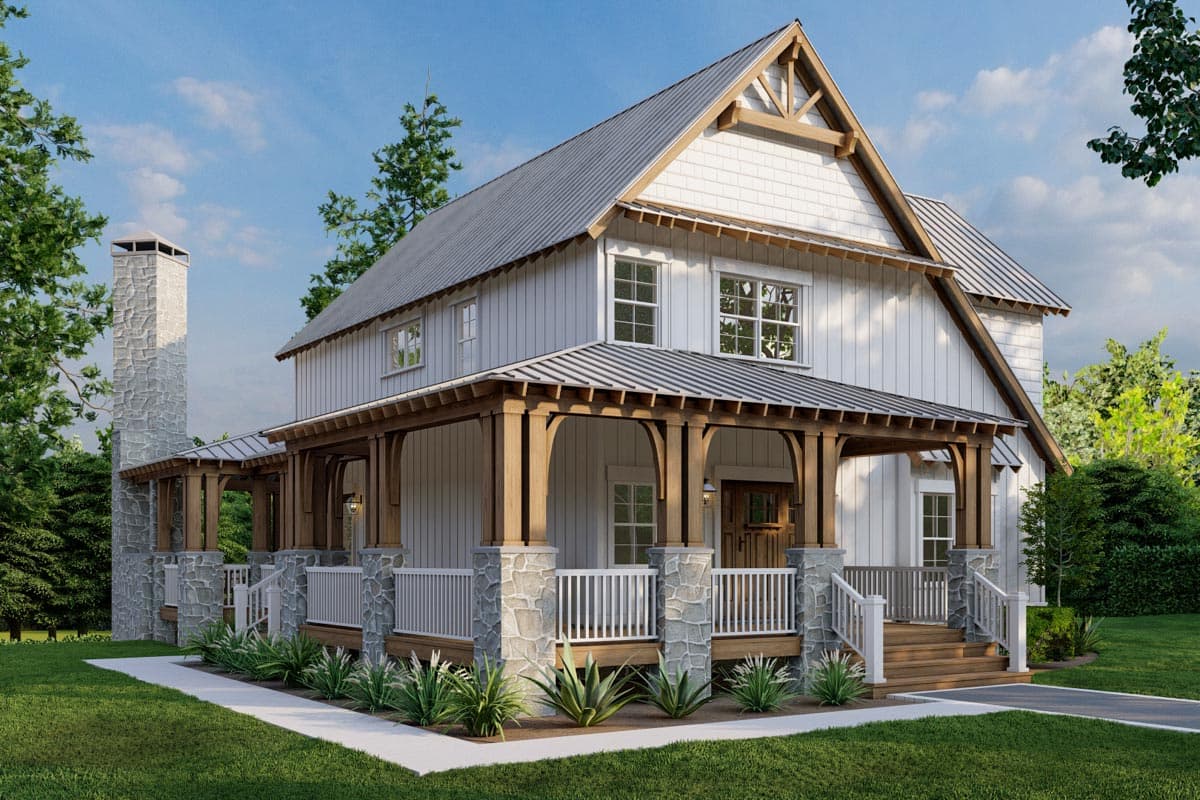 House plan exterior featuring a two-story farmhouse style with a covered porch supported by stone columns, gables, and a metal roof.
