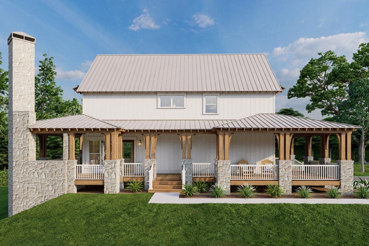 Modern Farmhouse house plan exterior with a metal roof, stone chimney, and wrap-around porch with timber supports.