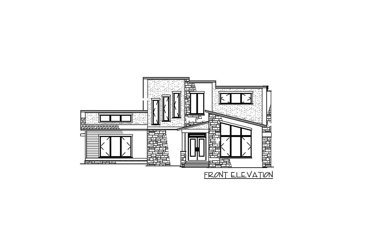 Front elevation drawing of a two-story modern house with stone accents, multiple gables, and large windows.