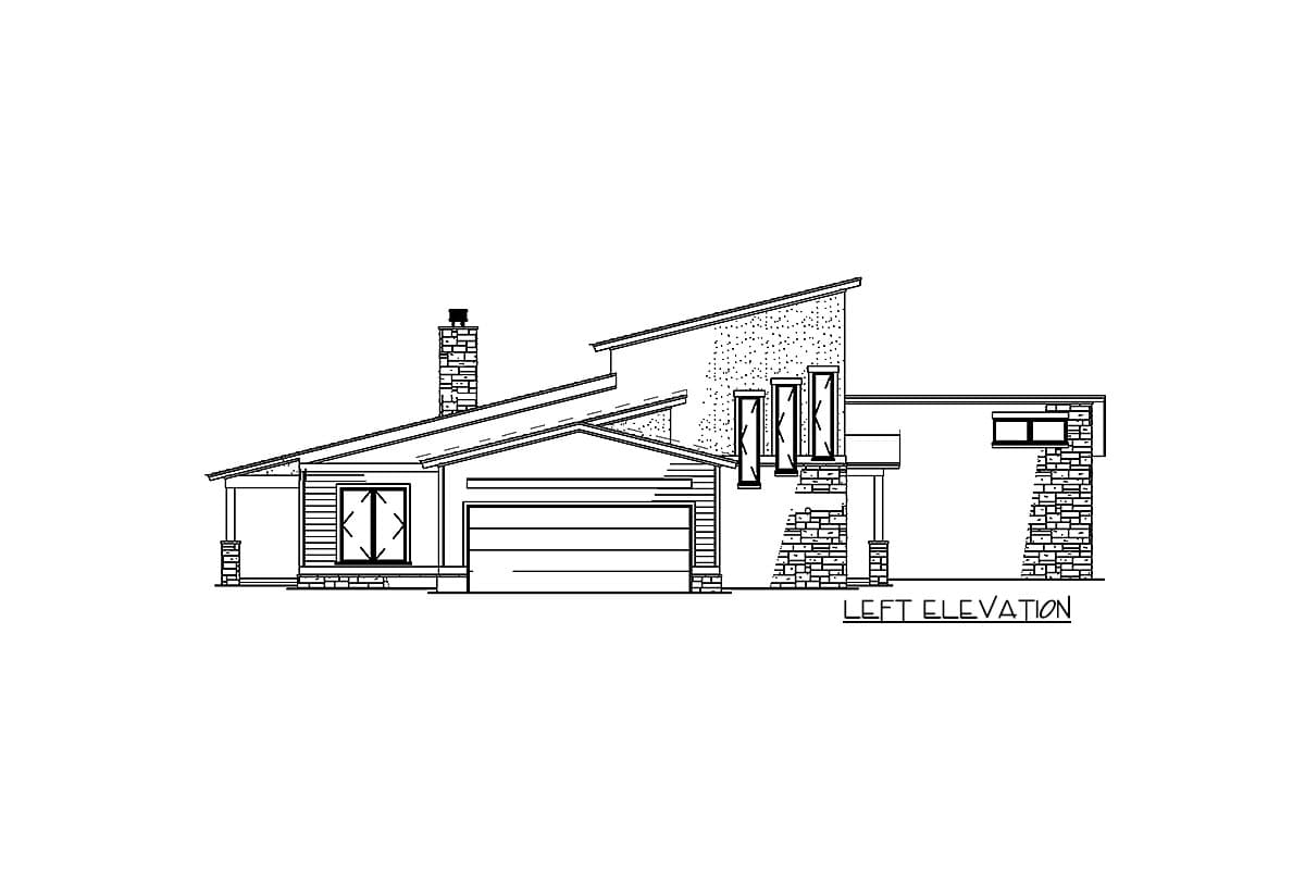 Left elevation of a house plan featuring a multi-level roofline, garage, stone accents, and chimney.
