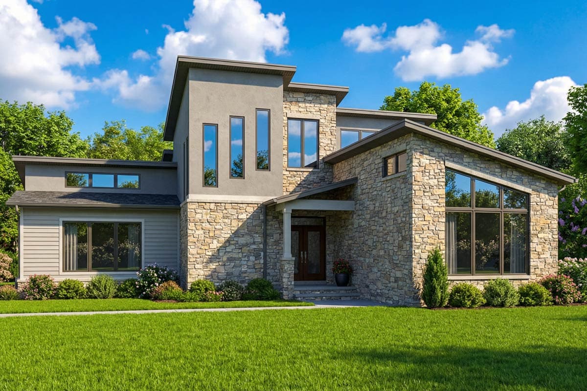 Modern two-story house with a stone and stucco facade, large windows, and manicured lawn under a bright blue sky.