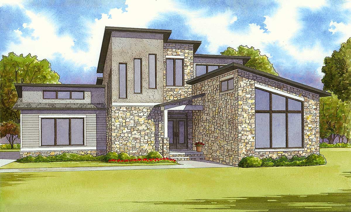 Modern house plan exterior with stone and horizontal siding, flat rooflines, and large geometric windows.