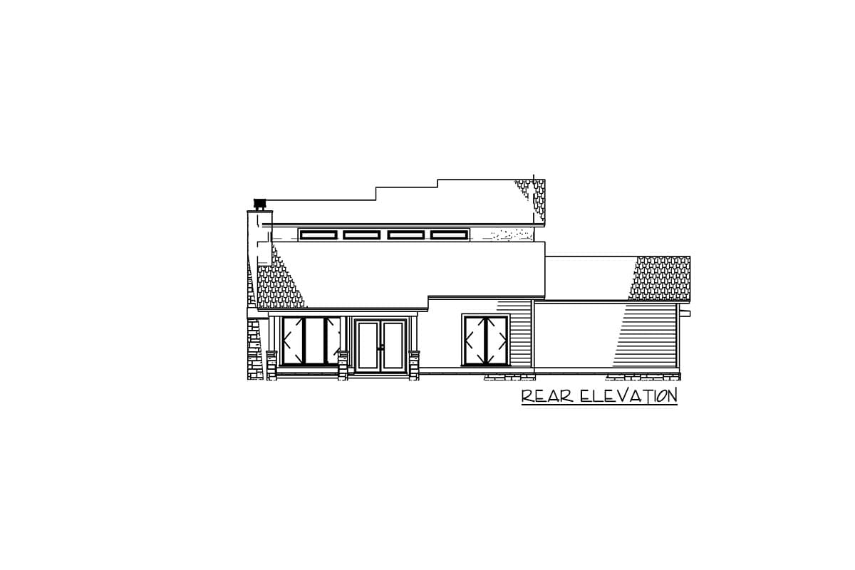 Rear elevation drawing of a multi-story house with stacked rooflines, stone accents, large windows, and a double door entry.