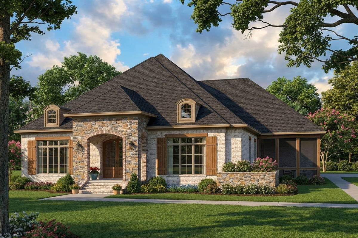 A beautiful residential house with brick and stone facade, wooden shutters, and a well-manicured lawn. Trees surround the home on a sunny day.