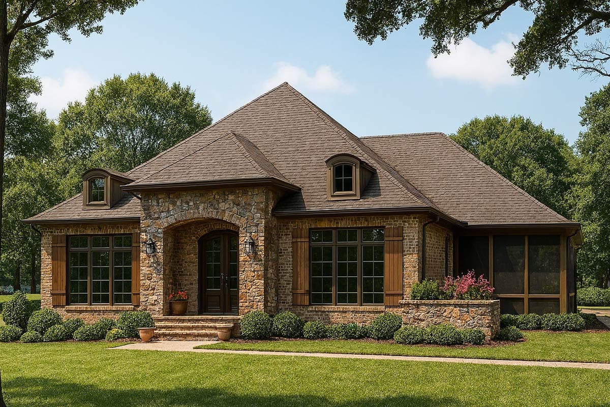 House plan exterior: Brick and stone one-story home with arched entry, dormer window, and screened porch.