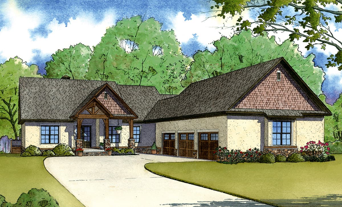 House plan exterior. Craftsman style, one-story home with front porch, gables, and attached three-car garage.