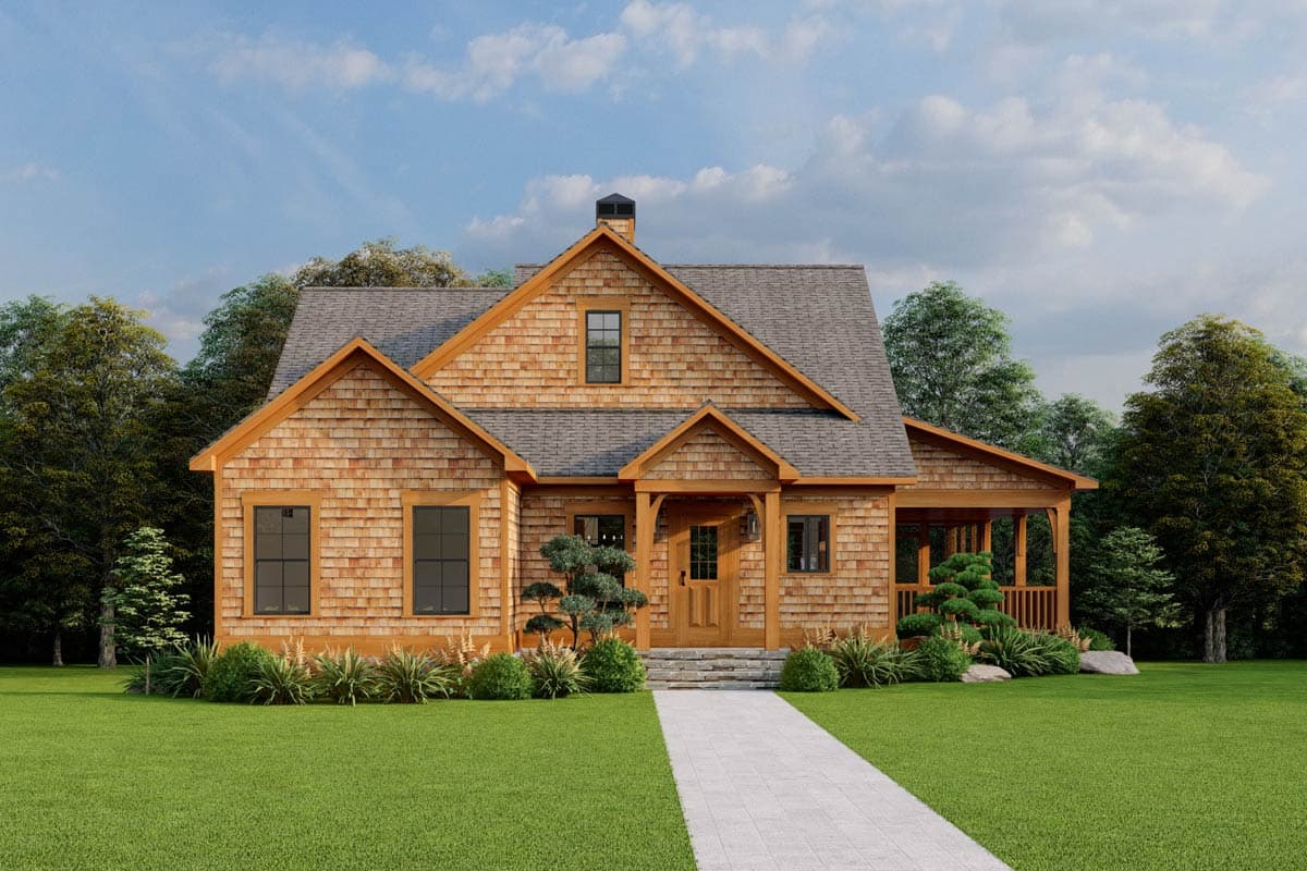 House plan exterior: Craftsman style, two stories, shingle siding, gabled dormer, covered porch with railing, stone steps.