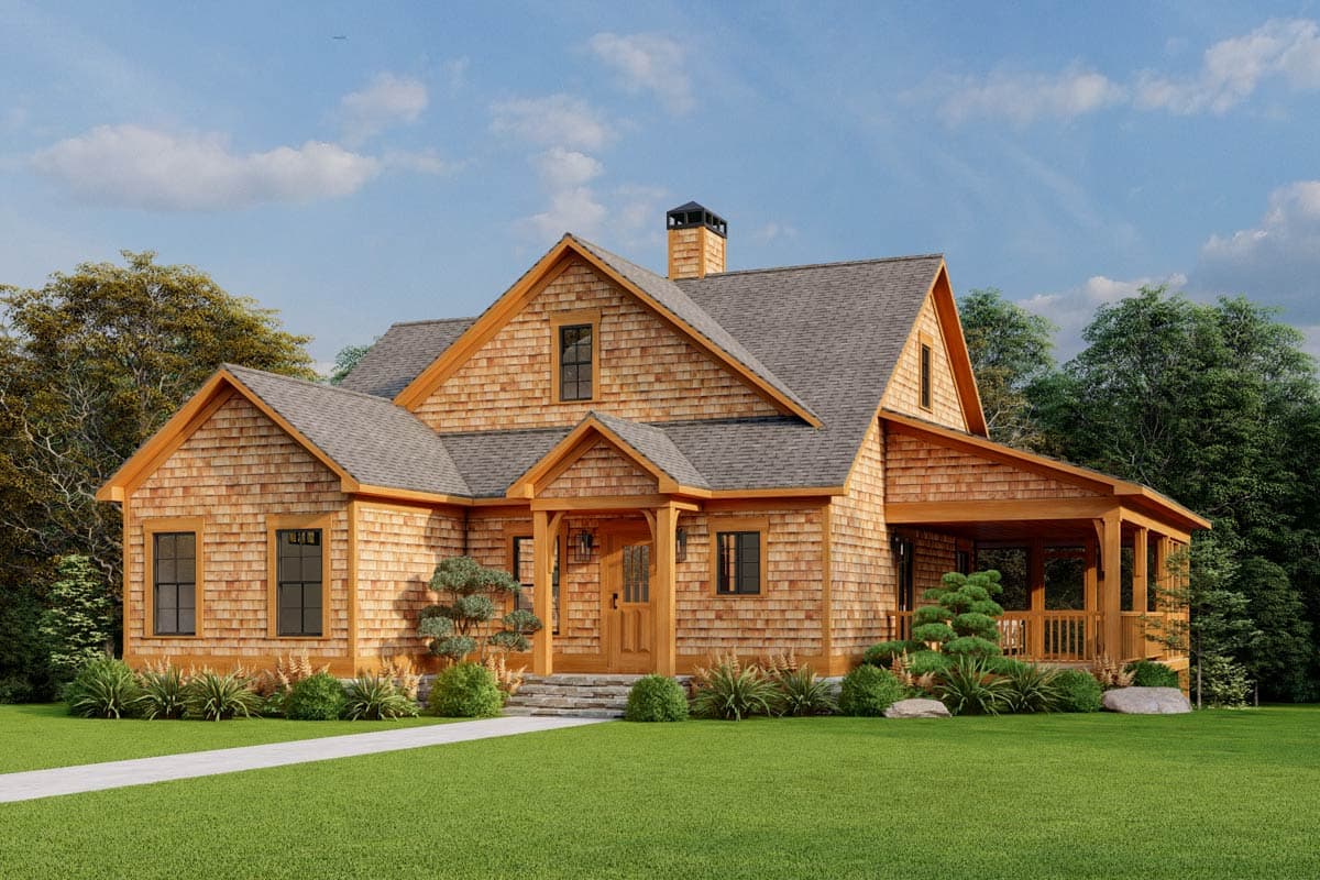 House plan exterior. Craftsman style, one story home with cedar shake siding, gabled roof, and covered porch with exposed beams.