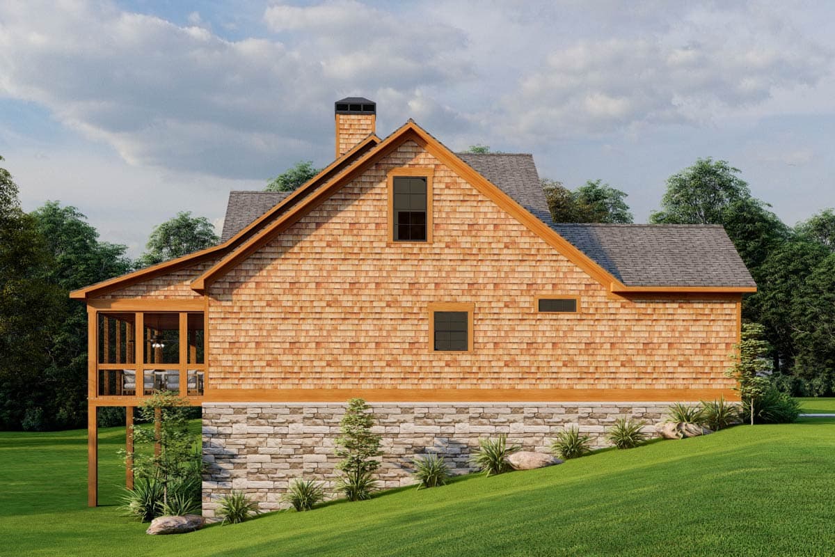House plan exterior: Two-story home with cedar shake siding, stone foundation, gabled roof, dormers, and screened porch.