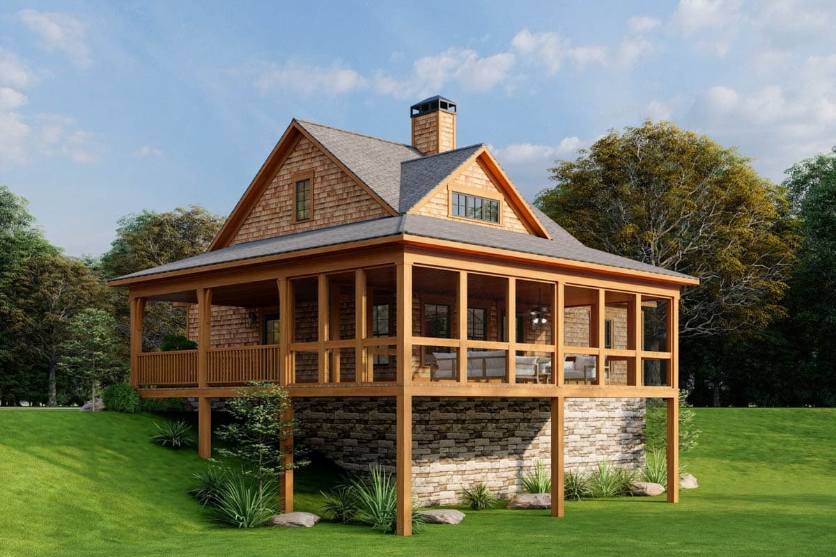 House plan exterior: Two-story cabin style with cedar shingles, large screened porch, and stone foundation.