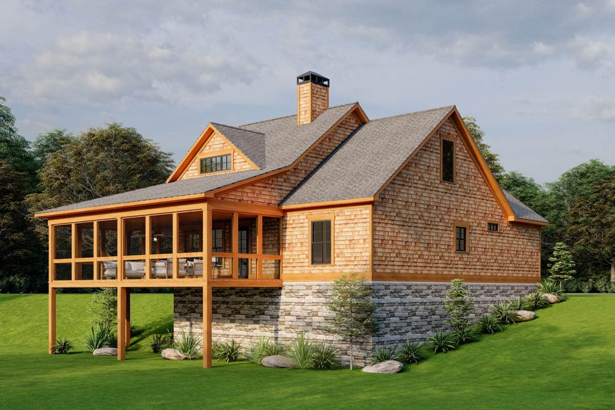 House plan exterior: Traditional style home with stone foundation, cedar shingles, prominent chimney, and screened-in porch.