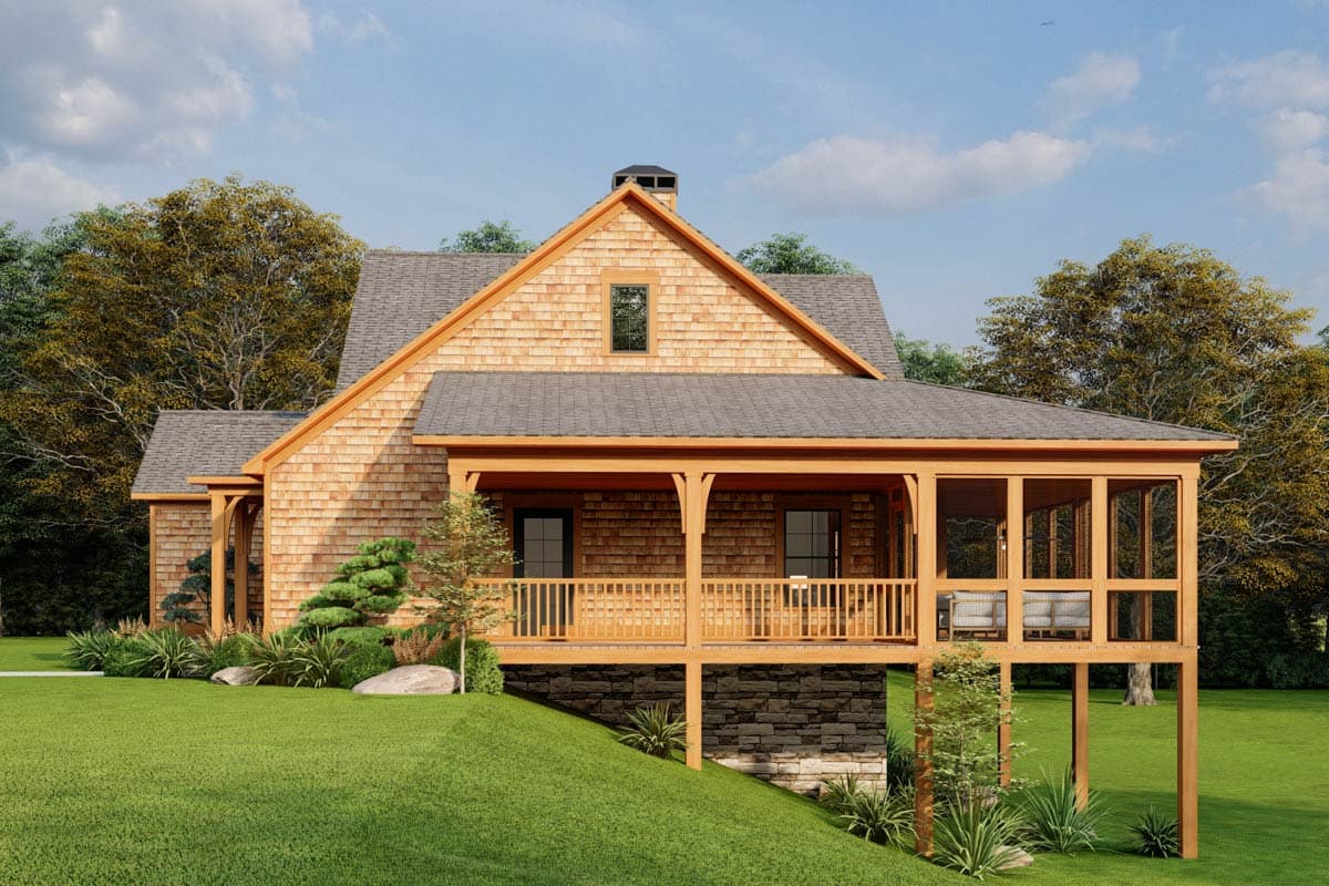 Craftsman style house plan exterior with wood shake siding, a prominent gable, and a wrap-around porch with a screened section.