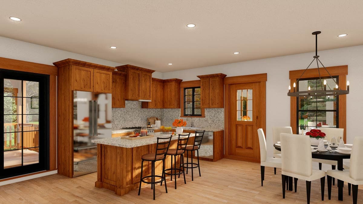 Interior rendering of a kitchen and dining area with wood cabinetry, a central island with bar seating, and a dining table.