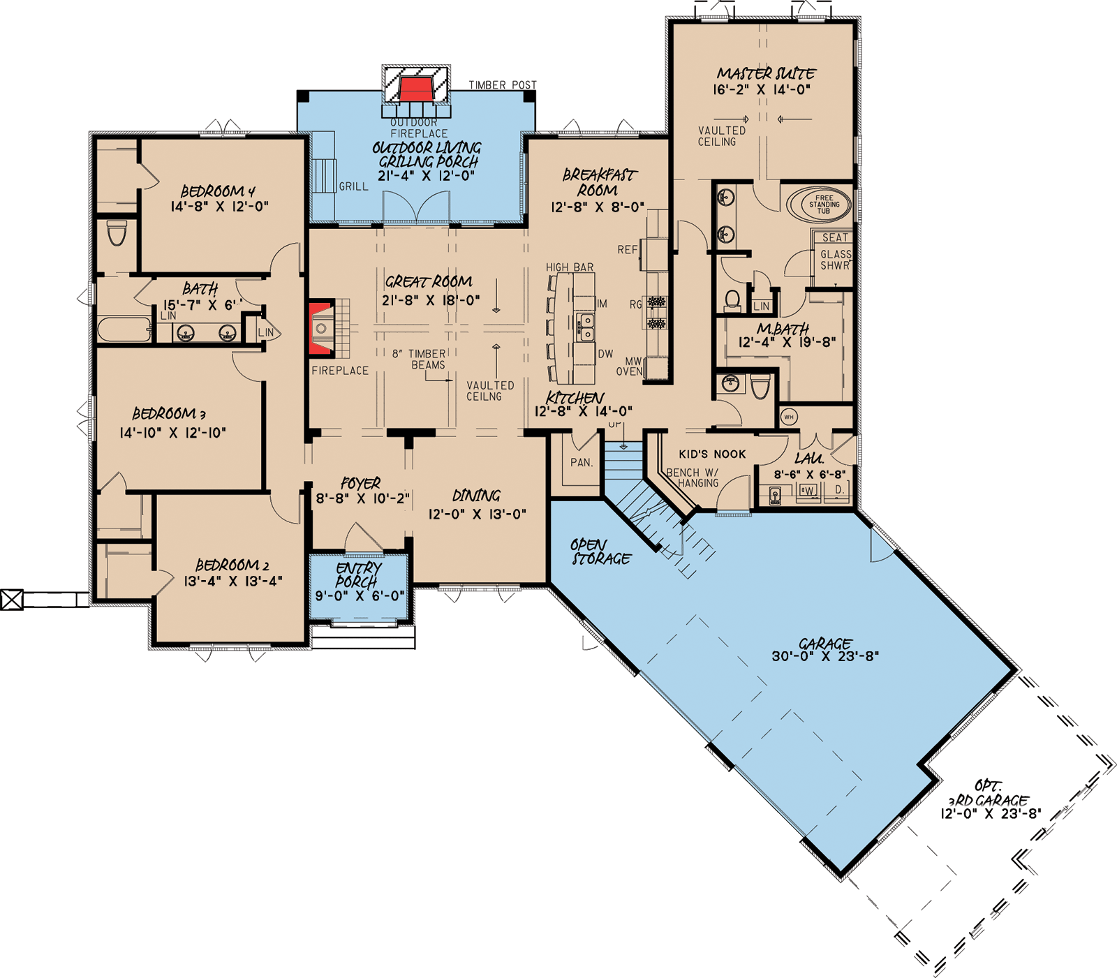 Plan 70515MK: 4 Bed French Country House Plan with Bonus Over Garage - 2647 Sq Ft - Floor Plan - Main Level - European, French Country, Traditional, Transitional