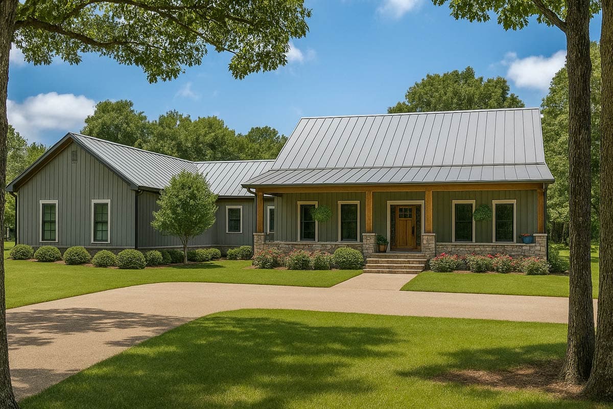 House plan exterior: Ranch style, gray board and batten siding, metal roof, covered porch with stone base and timber posts.